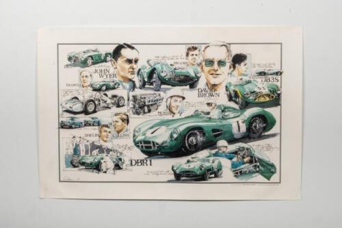 ASTON MARTIN RACING: A 1950s Dennis Simon Aston Martin racing collage featuring Aston Martin racing cars and Aston Martin personnel from the 1950