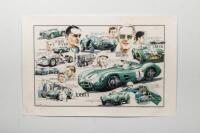 ASTON MARTIN RACING: A 1950s Dennis Simon Aston Martin racing collage featuring Aston Martin racing cars and Aston Martin personnel from the 1950