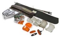 DBS/AMV8: Front lamps and parts. Including three engine dipsticks, one AMV8 RH bonnet pad, one prototype AMV8 Vantage bonnet scoop infill