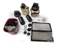 DB6: Windscreen washer bottles and parts. Two bonnet mesh panels and new heater fan