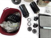 DB6: Windscreen washer bottles and parts. Two bonnet mesh panels and new heater fan - 2