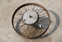 DOUGLAS: A 40&nbsp;spoke 20" rear wheel with brake drum complete with axle which spins, beaded rim, believed to be Douglas Model EW [Sydney]