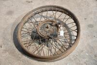 BSA: A circa 1930s front wheel with 6" brake drum, 19" rim, together with brake plate 5.5" diameter, not matching, likely BSA [Sydney]