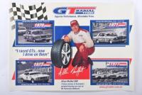 MOFFAT: A 'GT RADIAL TYRES' promotional poster featuring Allan Moffat and his Ford winning Hardie-Ferodo 500 race cars. Allan Moffat signature