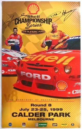 87 · V8 SUPERCARS: A Round 8 July 23-25, 1999 CALDER PARK, MELBOURNE 'Shell CHAMPIONSHIP Series V8 SUPERCARS AUSTRALIA' promotional poster featuring Craig Lowndes and Dick Johnson. Lowndes & Johnson signatures