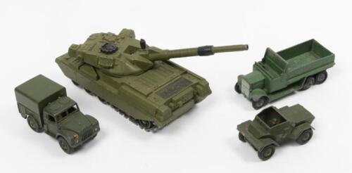 DINKY TOYS: A collection of four Dinky Toys including a 1 Ton Cargo Truck, Chieftain Tank, Scout Car and a 6 wheeler Army Truck, made in England by Meccano Ltd