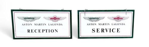 AML DISTRIBUTOR STEEL SIGN: One pair of factory distributors double sided steel signs marked " RECEPTION AND SERVICE" circa 1980. Size 60cm x 30 cm.