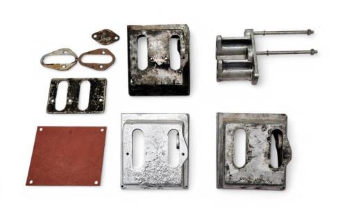 PEDAL BOXES AND MASTER CYLINDER RETAINING BRACKET: Three pedal boxes and master cylinder retaining bracket and parts