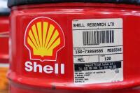 1996 MELBOURNE GP: A set of four Shell Grand Prix Racing Fuel 50 litre drums with added cushioned top for bar stool use, with original delivery labels to 'Team Ferrari' as used in 1996 Melbourne Grand Prix - 3