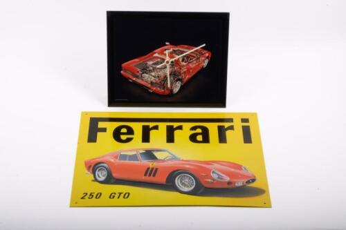 FERRARI: Two Ferrari items including a modern tin sign featuring 'Ferrari 250 GTO' & a glass framed photo of a Testarossa with clock movement