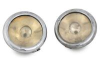 LAMPS: Two early American &lsquo;Gray & Davis&rsquo; nickel plated brass head lamps, flat glass 23.5cm diameter (one lens broken), mounting bracket approx. measurement 29cm
