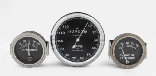 GAUGES: Three various gauges including a Smiths 120 MPH speedometer a 60A ammeter and an oil pressure gauge.