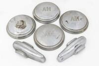 AUSTIN HEALEY: A set of four Austin Healey Bug Eye Sprite hub caps along with two front bumper overriders