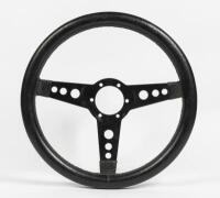 STEERING WHEEL: A leather bound, unbranded three spoke racing steering wheel, 35.5cm in diameter