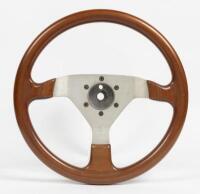 MOMO STEERING WHEEL: A three spoke Momo wooden racing steering wheel, 34.5cm in diameter