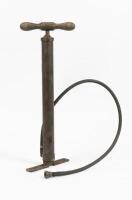 PUMP: An Edwardian era timber handled air pump, labelled "Ernest H. Hill - Beta Works - Sheffield', with folding feet, 53cm long
