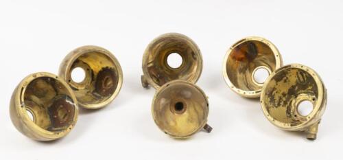 BRASS LIGHTS: A set of six brass car light holders, marked 'Butlers Limited ATLANTIC Birmingham', five are 12cm in diameter and one is 10cm in diameter