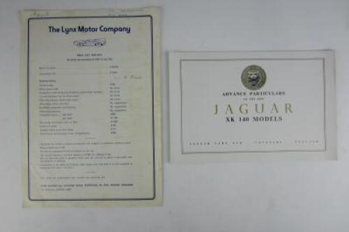 JAGUAR/LYNX: Two Jaguar/Lynx brochures (XK140 & D-Type)