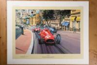 MONACO 1955: A limited edition (297/500) print titled 'AGAINST THE ODDS' by Nicholas Watts & signed by Maurice Trintigant featuring the Ferrari 675 of Maurice Trintignant leading the Lancia D50 of Villoresi&nbsp;at The Grand Prix of Euroupe, Monaco 1955. Signe