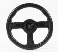 STEERING WHEEL: An Italian made leather three spoke steering wheel, 35cm in diameter, unsure of make - 2