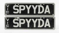 NUMBER PLATES: A pair of Victorian slimline number plates "SPYYDA', white lettering on black background