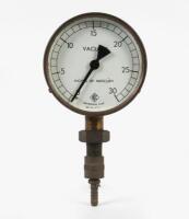 VACUUM GAUGE: A vintage industrial workshop vacuum gauge, made in Melbourne, 10cm in diameter overall, 19cm high
