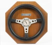 SPECO STEERING WHEEL: A three spoke Speco steering wheel trophy piece, comes with fitted clock to centre, awarded to first place holder in the SA & SB Sports Cars class at the October 1995 Foster's Historic Sandown&nbsp;event