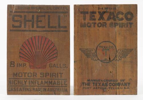 102 · OIL BOX ENDS: Two wooden oil box ends, one marked 'Texaco Motor Spirit' and the other 'Shell Motor Spirit'