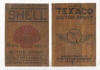 OIL BOX ENDS: Two wooden oil box ends, one marked 'Texaco Motor Spirit' and the other 'Shell Motor Spirit'