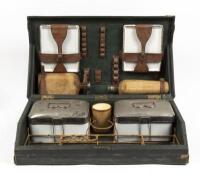 PICNIC SET: A rare early c1900 Edwardian cased footrest picnic set, believed to be by G W Scott & Sons, case marked with Reg&nbsp;No.577169 to inside. 58cm wide, 30cm deep, 24cm high
