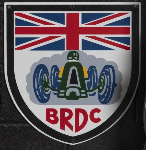 BRDC: A reproduction 'British Racing Drivers Club' shield&nbsp;enamel sign,&nbsp;43cm high, 40cm wide