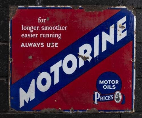 MOTORINE: A c1930s English 'Price's Motorine Motor Oils' enamel sign, Motorine being the chosen motor oil for Rolls-Royce during the 1930s,&nbsp;53.5cm high, 63cm wide