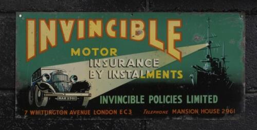 MOTOR INSURANCE: A c1930 tin 'Invincible Motor Insurance' sign, depicting ship shining light on car, 24cm high, 50.5cm wide