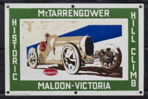 SIGN: A modern 'Garage Art' limited edition 10 of 50 enamel sign commemorating the historic hill climb at Mt.Tarrengower, Maldon, Victoria, &nbsp;36cm high, 54cm wide