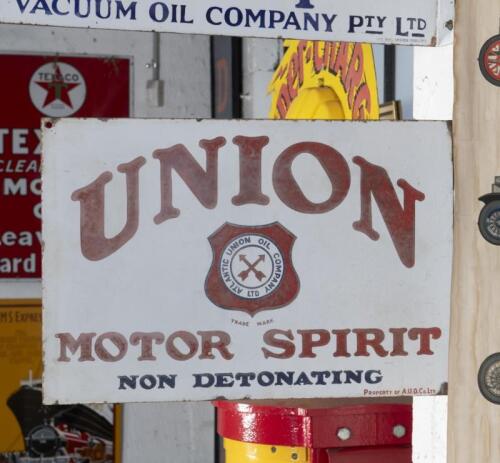 ATLANTIC: A late 1920s early 1930s&nbsp;original&nbsp;double sided 'Union Motor Spirit' enamel flange sign 37.5cm high, 55cm
