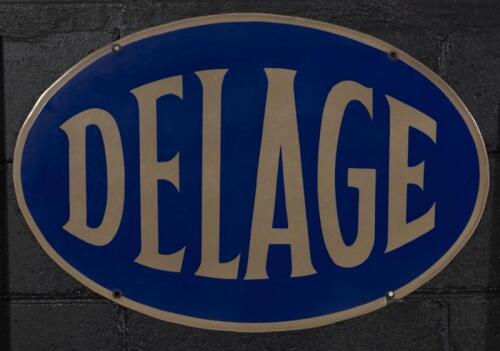 DELAGE: A&nbsp;c1990 enamel oval 'DELAGE' sign, 40cm high, 59cm wide