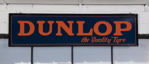 DUNLOP: A modern&nbsp;commissioned hand painted wooden&nbsp;'Dunlop - the Quality Tyre' large sign approx 49cm high, 185cm wide