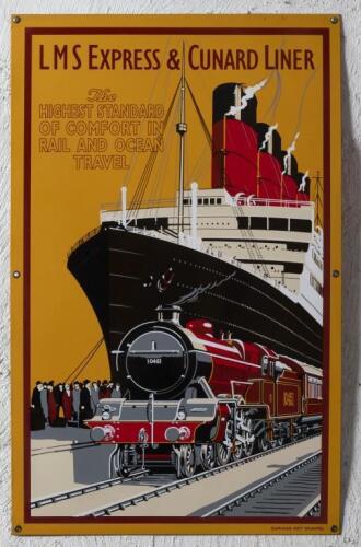 LMS CUNARD LINER: A high quality c1990s 'LMS Express & Cunard Liner' enamel sign,&nbsp;85cm high, 54cm wide, manufactured by 'Garage Art Enamel'