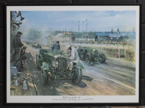 BENTLEY: A large print of a 1968 painting 'Bentleys at Le Mans 1929'&nbsp;by Terence Cuneo, framed and glazed, image 61cm high, 82.5cm wide (visible)