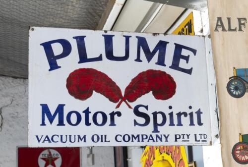 PLUME: An original 1920s-1930s 'Plume Motor Spirit - Vacuum Oil Company' double sided enamel flange sign 38cm high, 61cm wide[ADDITIONAL PHOTOS ADDED]