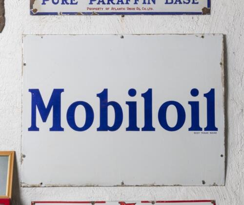 MOBIL: An English 1960s 'Mobiloil' rectangular&nbsp;sign, 76cm high, 101cm wide, some signs of chipping around the edges
