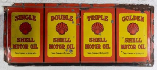 SHELL: A large c1930s Australian 'Single, Double, Triple, Golden' Shell Motor Oil enamel sign 74cm high, 175cm wide approx