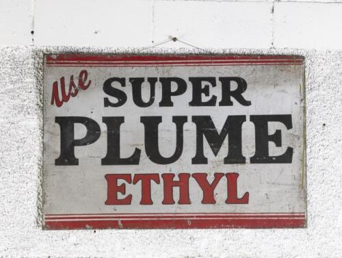 SUPER PLUME: A very scarce original 'Use Super Plume Ethyl' tin sign with rolled edges 60cm high, 89cm wide