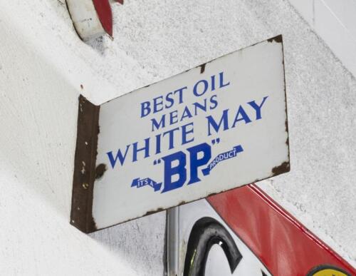 BP: An original BP blue and white double sided&nbsp;'BEST OIL MEANS WHITE MAY' &nbsp;enamel flange sign, 30.5cm high, 45.5cm wide