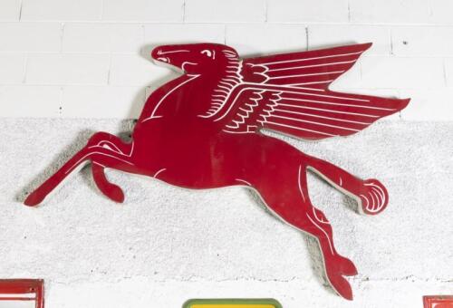 MOBIL PEGASUS: An original late 1930s Mobil Pegasus Flying Horse enamel sign, commonly referred to as a 'Cookie Cutter' style sign, left facing, measures approx 115.5cm high, 175cm wide
