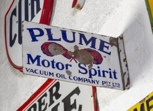 PLUME: An original c1920s-1930s double sided 'PLUME&nbsp;Motor Spirit' Vacuum Oil Company Pty Ltd. Australia enamel flange&nbsp;sign by A.Simpson & Son Ltd Adelaide, 38cm high, 61.5cm wide