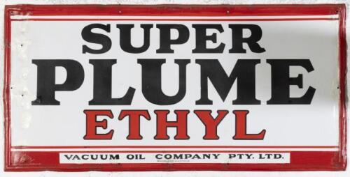SUPER PLUME: A 1920s-1930s large enamel 'SUPER PLUME ETHYL'&nbsp;Vacuum Oil Company Pty. Ltd. Australia sign with&nbsp;rolled edges, 90cm high, 184cm wide