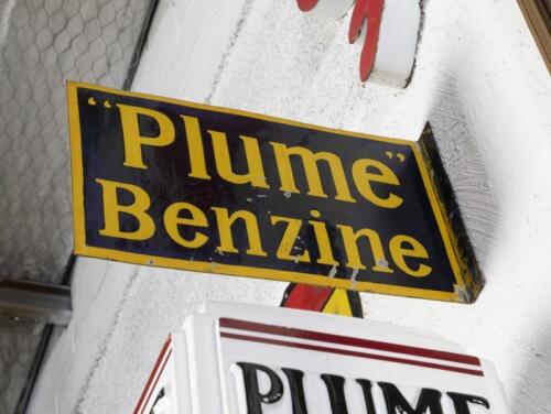 PLUME: An original double sided "Plume" Benzine enamel flange sign by VIC Enamel Works, Geelong,&nbsp;33cm high, 53cm wide