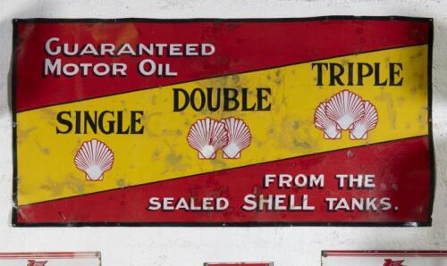 SHELL: A large original c1930s Shell 'Single, Double, Triple' Motor Oil enamel sign, 91cm high, 182cm wide
