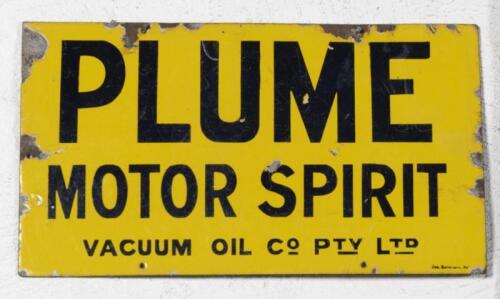 PLUME: A rare original 1920s-1930s 'PLUME MOTOR SPIRIT' - 'Vacuum Oil Company Pty Ltd' enamel sign by Jas. Robertson Sydney, 30.5cm high, 53.5cm wide